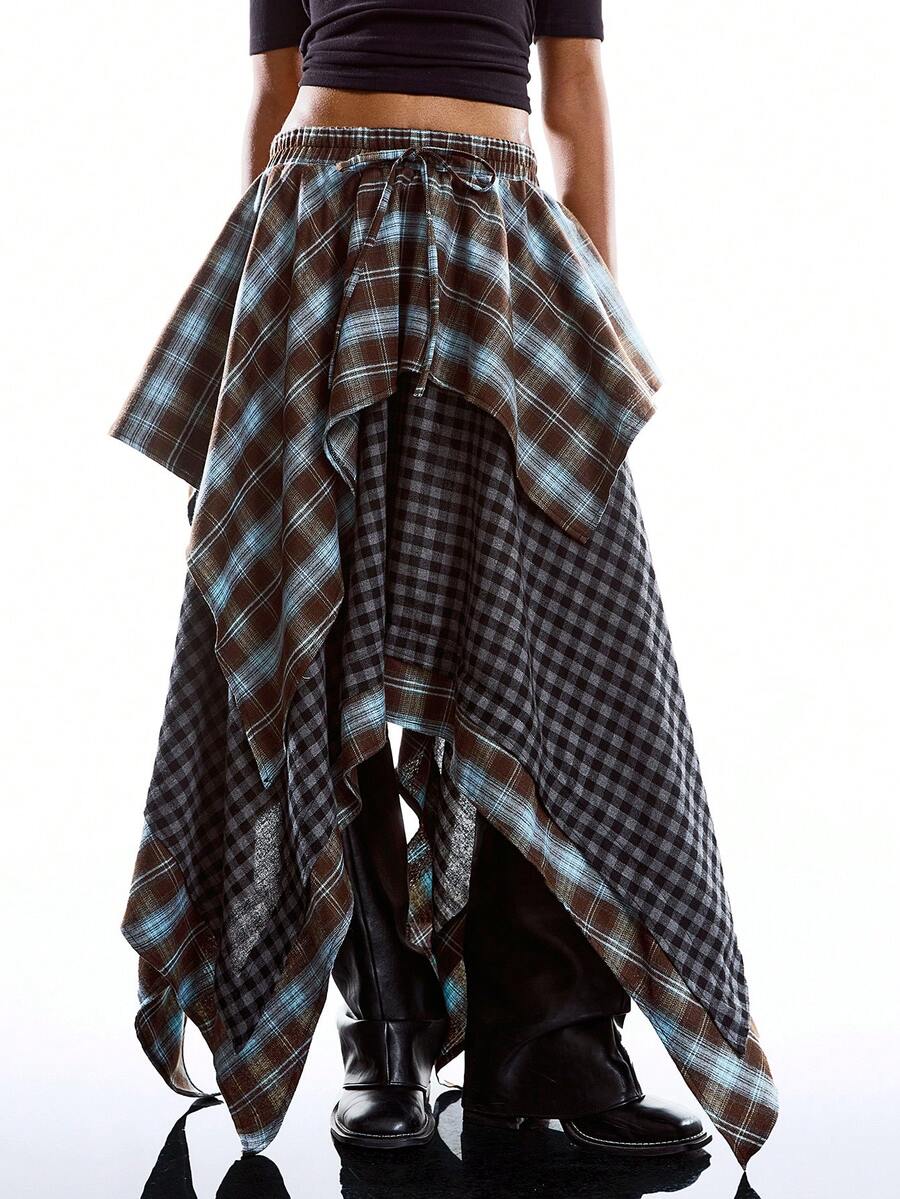 LYSMO 女士格子印花不对称下摆休闲半身裙 - 藍色 - 查看 1