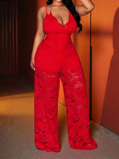 Slaydiva 2026 New Style/Easter/Western/Holiday New Year Valentine's Day Sexy/Streetwear For Women/Gyaru Lace Spaghetti Strap Jumpsuit Plus Size - Red