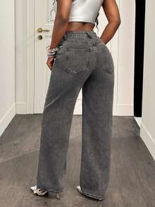 Slaydiva Women's Rhinestone-Embellished Gray Slant Pocket Casual Jeans - Grey - View 2