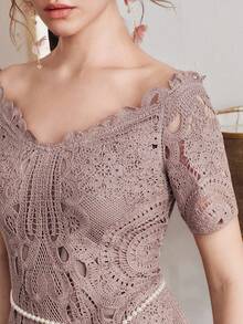 Anewsta Elegant Women's Off Shoulder Soluble Mesh Fitted A-Line Mini Ruffle Patchwork Dress - Dusty Purple - View 5