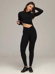 Sigmas 女士无前缝交叉高腰紧身裤，适合健身、瑜伽锻炼 - 黑色 - 查看 5