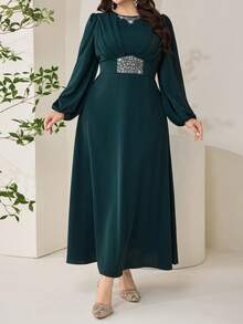 Veilorie Đầm thanh lịch cỡ lớn cổ tròn tay phồng eo xếp ly - Màu xanh lá cây đậm - Xem 6