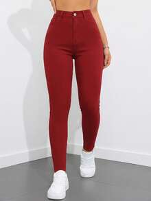 SHEIN ICON Quần jeans skinny màu trơn đơn giản, đa năng dành cho nữ, thích hợp mặc hàng ngày đi làm. - Màu Hồng Tươi - Xem 4