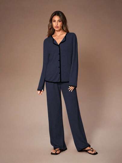 Lazeform Ensemble de vêtements de détente avec cardigan boutonné décontracté et pantalon droit pour femmes