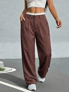 SHEIN EZwear 女士撞色腰带褶裥条纹阔腿西装裤，咖啡棕色 - 咖啡棕 - 查看 5