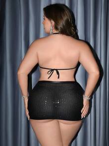 MidnightGlam Đầm lót gợi cảm cổ yếm màu trơn đính sequin khoét hở dành cho nữ cỡ lớn - màu đen - Xem 2