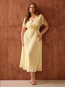 Roveilla Đầm maxi dài tay có lớp lót, chất liệu chiffon mỏng nhẹ, thanh lịch dành cho nữ, thích hợp đi làm, đi nghỉ mát, dự tiệc trà chiều, kiểu dáng lãng mạn, cổ chữ V, eo chéo, đính kim loại, phù hợp cho mùa xuân/hè. - Màu vàng - Xem 7