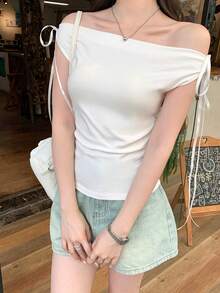 K-Vae Off-Shoulder Tie Bow Draped Fitted Blouse - White - View 3