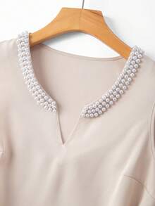 GlowEve Women's Champagne Notched Collar Beaded Loose Tie Waist Satin Elegant Commuter Slim Fit Sleeveless Blouse - Champagne - View 5