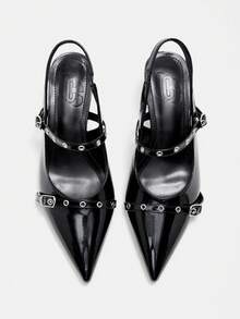 CUCCOO CURVES Tacones altos de moda versátiles de uso diario con diseño de hebilla y punta puntiaguda, de ajuste ancho para mujeres - Negro - Ver 10