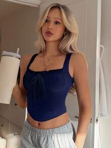 DAZY Women's Pleated Design Curved Hem Camisole With Built-In Padded Bra - Navy Blue - View 6