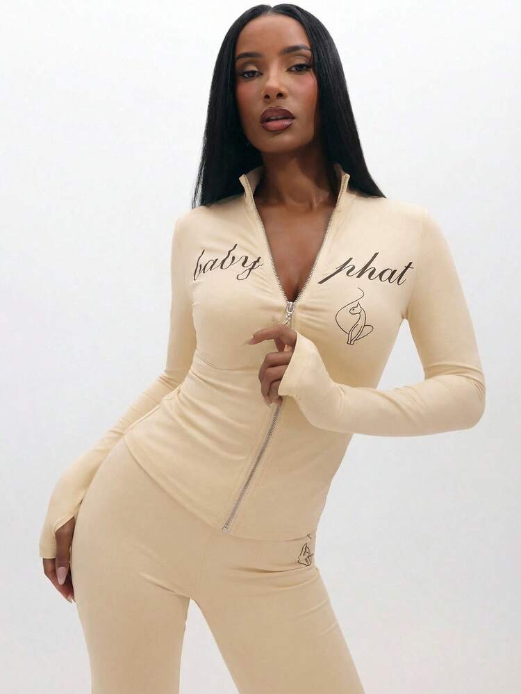 BABYPHAT Women's Long Sleeve Zip Up Top With Text Print And Zipper Detail