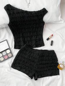 SHEIN Teen Girls Casual Comfortable Dropped Shoulder Short Sleeve T-Shirt And Shorts Co-Ord Set - Black - View 6