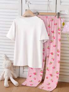 SHEIN Tween Girls 2pcs Pajama Set, Cute Cartoon Kapibarasan Print Top And Plaid Strawberry Print Pants, Short Sleeve And Long Pants Sleepwear Girls Capybara Pajamas - Pink - View 2