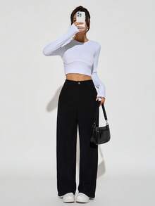 SHEIN PETITE Quần dài nhung kẻ trơn màu dành cho nữ - màu đen - Xem 9