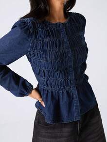 LYSMO Women's Fashion Button-Up Long Sleeve Denim Top - Blue - View 7