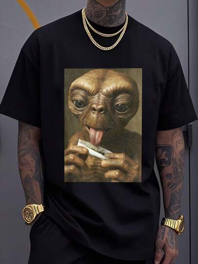 Manfinity Dauomo 男士印花T恤 - 黑色短袖圆领T恤，饰有“外星人”图案，并采用趣味十足的蒙娜丽莎肌肉设计，宽松舒适，适合所有季节，趣味T恤