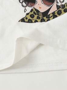 SHEIN Tween Girl Cartoon Portrait Graphic Short Sleeve T-Shirt And Cargo Pants Casual Outfit - Army Green - View 6