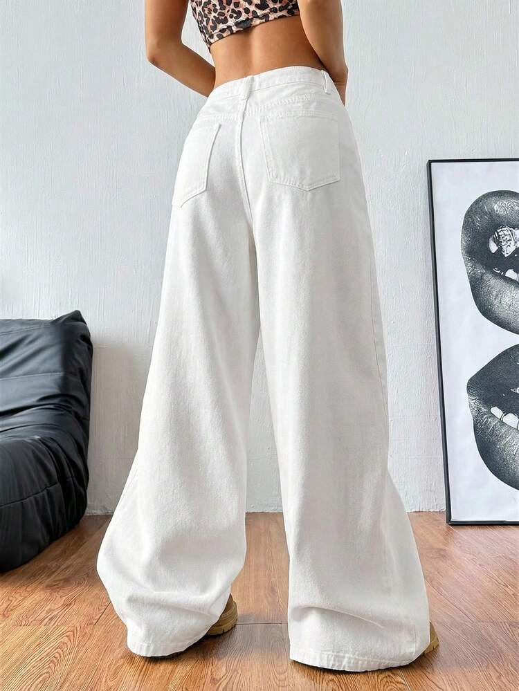 Coolane Women's Summer/Spring Casual Going Out Loose Fit Pockets Denim Wide Leg White Pants - White - View 2