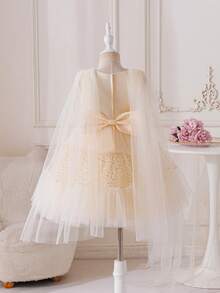 Glamorique Kids Girls' Gold Sequin Contrast Mesh Sleeveless Dress With Bow Decor At Back, Children Birthday Party Pageant Performance Dress - Champagne - View 3