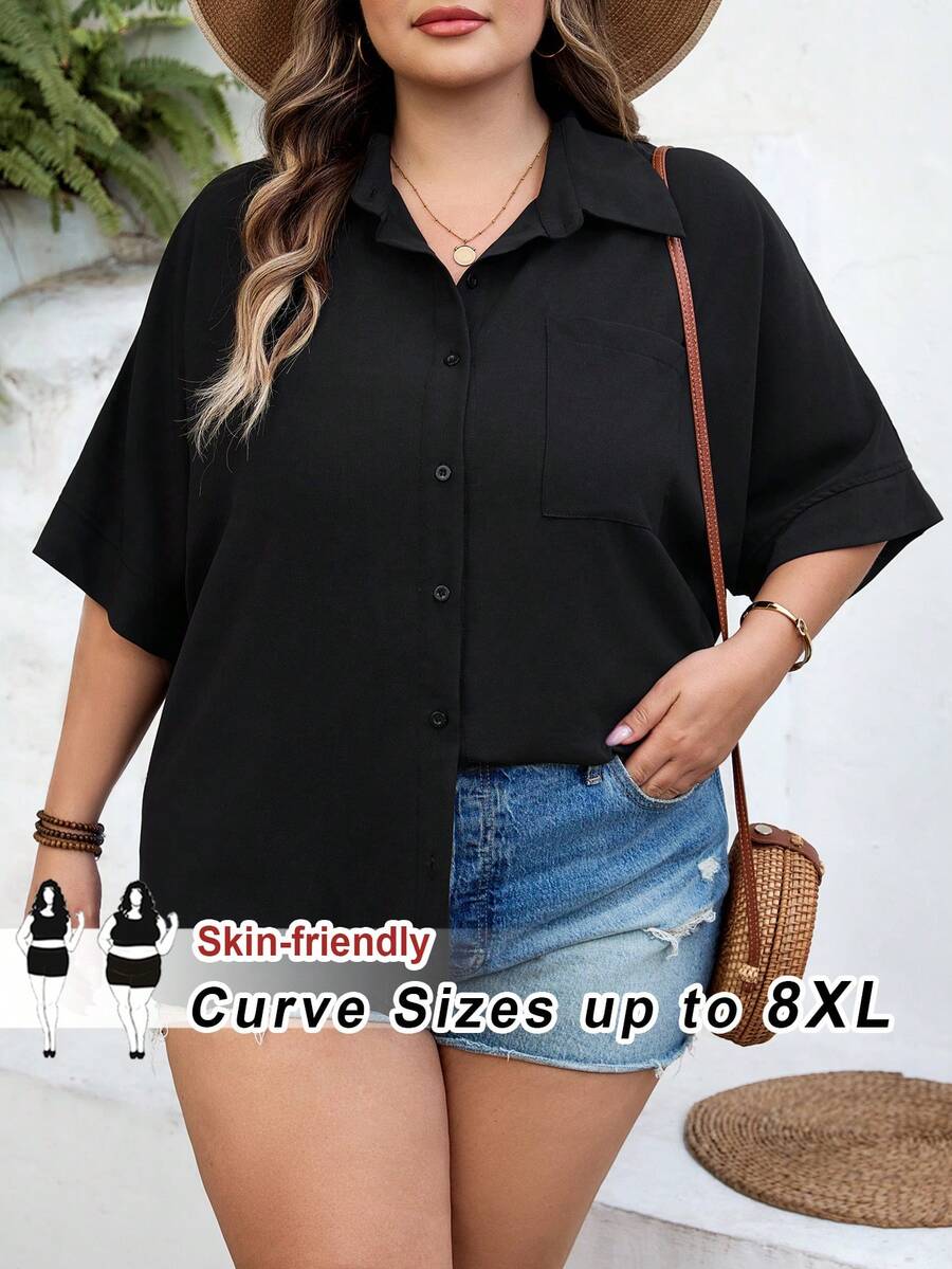 SHEIN CURVE+ Curve Mărimea US22Festival de muzică, Vacanță la mare, Cămașă de damă neagră cu mânecă de liliac și nasturi în față, Bohemia - Negru - Vizualizare 1