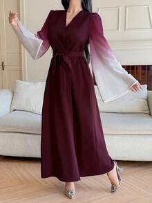 DAZY Women's Fashionable Elegant Wrap Waist Flare Sleeve Dress - Burgundy - View 4