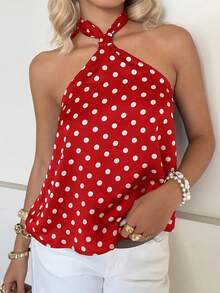 SHEIN EZwear Áo kiểu nữ thời trang Y2K cổ yếm chấm bi - Đỏ - Xem 5