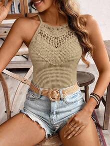 SHEIN Frenchy 女士度假风钩编设计修身时尚吊带背心 - 卡其色 - 查看 3