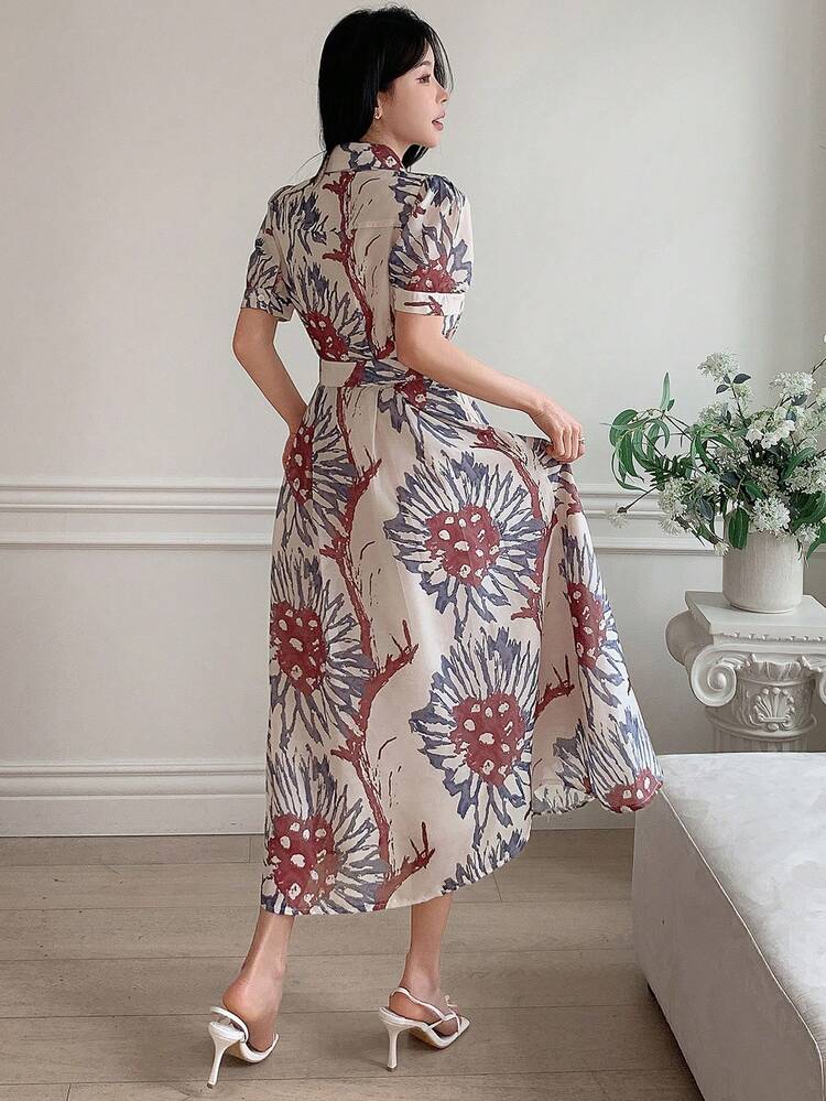 Women's Elegant Floral Print Belted Midi Dress, Spring/Summer Wedding Guest Dress Sundress Boho