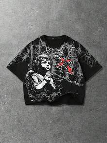 ROMWE MEN Goth Spring/Summer Casual Graphic Men'S Oversized Short Printed T-Shirt - Black - View 8
