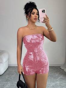 Rafferiza 女士性感亮片抹胸连体衣 - 粉色 - 查看 5