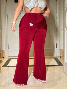 NU&NOW Plus Size Women's Red Autumn Elegant Satin Party Flare Pants,High Waist Rhinestone Twist Elastic Fitted Palazzo Trousers,Burgundy Wide Leg Pants - Burgundy - View 1