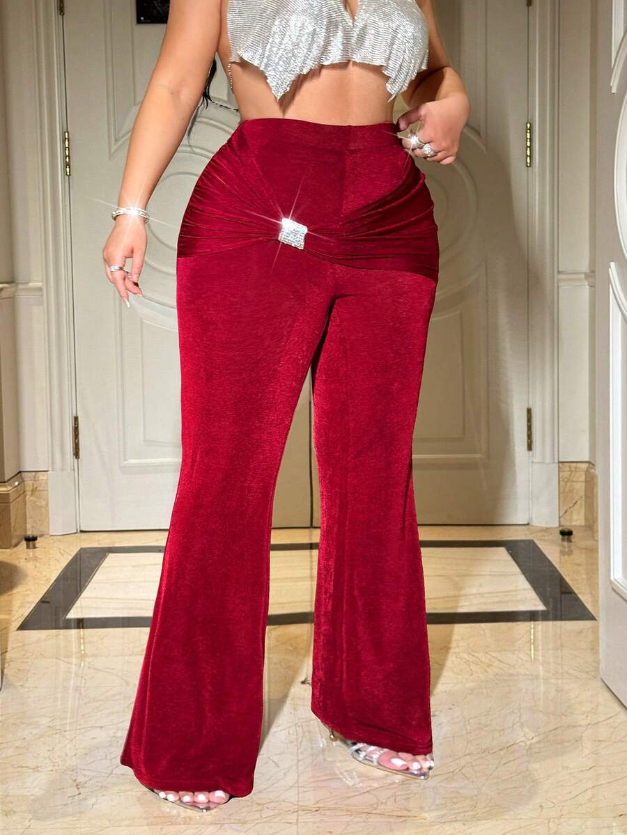 NU&NOW Plus Size Women's Red Autumn Elegant Satin Party Flare Pants,High Waist Rhinestone Twist Elastic Fitted Palazzo Trousers,Burgundy Wide Leg Pants - Burgundy - View 1