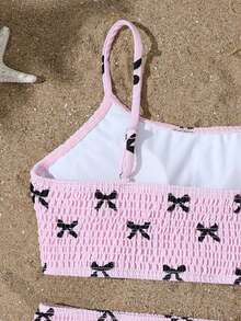 SHEIN Teen Girls Bikini Sets,Knitted Fabric Swimwear With Black Bow Patterns,Adjustable Straps,2 Pieces Swim Suit For Summer,Beach,Holiday,Vacation,Pools - Pink - View 3