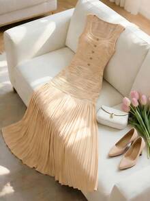 Franclia 女士优雅休闲浪漫宽松性感派对音乐会聚会情人节约会外出生日装新年装夏季连衣裙嘉年华服装沙滩装派对连衣裙白色连衣裙杏色连衣裙拼接纹理面料褶皱伞裙A字连衣裙纽扣装饰配饰优雅纹理针织修身纹理针织面料 - 杏色 - 查看 3