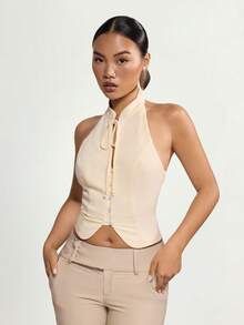 SHEIN ICON Retro Chinese Style Mandarin Collar Button-Up Tie-Waist Halter Top - Beige - View 3