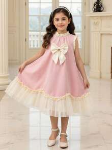 SHEIN Elladie kids 少女时尚可爱撞色蝴蝶结荷叶边连衣裙 - 粉色 - 查看 2