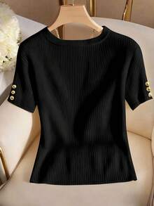 Franclia Elegante camiseta de punto de cuello redondo, top de punto minimalista de moda, primavera/verano - Negro - Ver 2