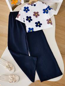 Sparklyn 2件套女童碎花印花T恤和高腰纹理阔腿裤套装 - 藏蓝色 - 查看 2