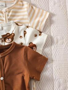 SHEIN 3件套新生男宝宝卡通熊条纹印花短袖连体衣短裤套装，轻薄透气，适合日常穿着、庆祝活动、派对，0-1岁宝宝适用，春夏新品 - 咖啡棕 - 查看 5