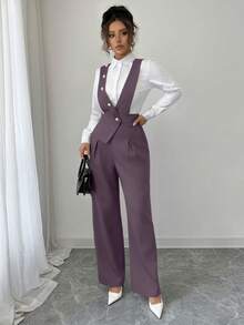 Elenzga Bộ jumpsuit nữ không tay, cổ chữ V, màu trơn, kiểu dáng thường ngày, thanh lịch, ống rộng. - Màu tím - Xem 6
