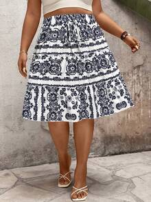 EMERY ROSE Holiday Frill Trim Contrast Color Rope Multi-Functional Casual Pleated Plus Size Skirt - White - View 3