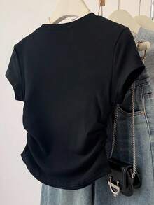 SHEIN 大码女式蝴蝶结图案T恤，圆领，短袖 - 黑色 - 查看 2