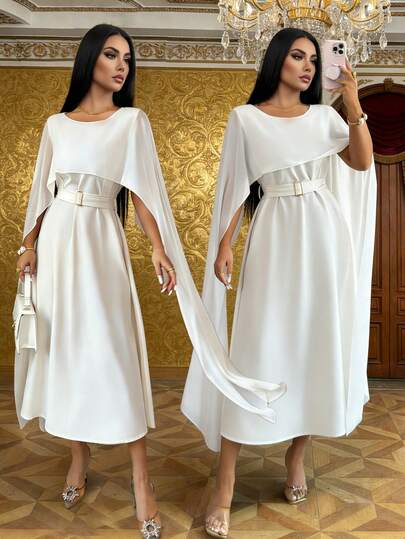 Rafferiza Women's Spring/Summer 2026 New Arrival Off-White Round Neck Sleeveless Vest Dress With Soft And Comfortable Off-White Chiffon Cardigan, Tie-Waist Long Dress, Elegant Dress, White Dress, Light-Colored Dress, Cardigan Dress, Pullover Dress, Tie-Waist Dress, Elegant Party Dress, Jilbab Dress, Women's Wedding Guest Dress, Luxury Dress, Wedding Party Dress, Carnival Dress, Flowy Fairy Sleeve Dress, Vest Dress, Sleeveless Dress White Modest Dress Batwing Sleeve Dress Cape Dress