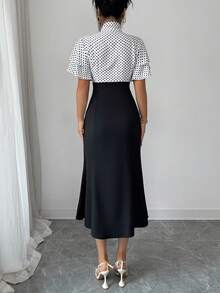 Rafferiza Women's Elegant Black & White Polka Dot Patchwork Dress With Bowknot Collar, Fitted Bodycon Mermaid Hem Dress - Black - View 2