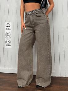 SHEIN Cottnline Women's Solid Color Slant Pocket Casual Versatile Wide Leg Jeans - Dark Wash - View 1