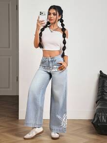 SHEIN PETITE Women's Gothic Pattern Pocket Wide Leg Loose Casual Jeans - Blue - View 4