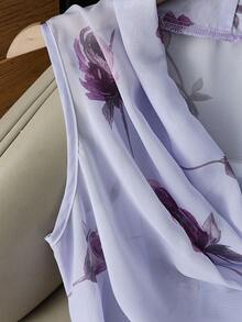 GlowEve 女士紫色网纱印花垂褶领口收腰无袖背心，优雅时尚，适合情人节、复活节、五一劳动节、生日、约会、派对、正式场合、教师节、旅行、春夏穿着。 - 紫色 - 查看 4