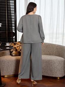 Modelyn Plus Size Grey Textured Puff Sleeve Pleated Metal Button Decor Elegant Office Wear 2 Piece Set (Top & Pants) - Grey - View 2