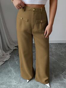 SHEIN Glamour 女士纯色长裤，纹理面料，适合日常穿着、办公和家庭聚会。 - 棕色 - 查看 6